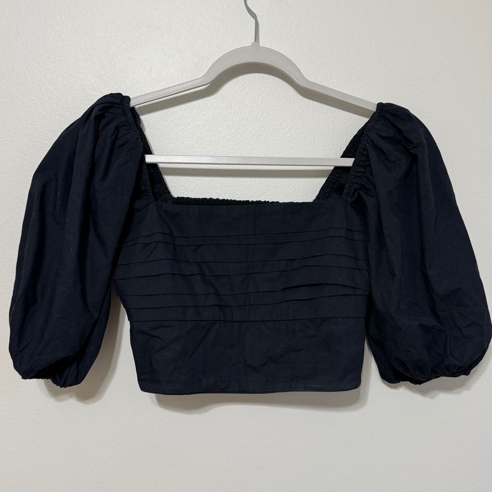 Abercrombie & Fitch Emerson Top Size Small Black Poplin Crop Shirt Puff Sleeve - Picture 6 of 6